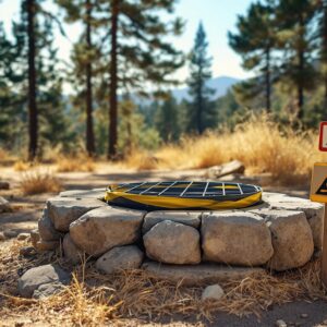 Empty forest campsite with fire ring covered by metal grate and yellow caution tape, no campfire allowed, surrounded by dry pine needles and grasses under bright daylight