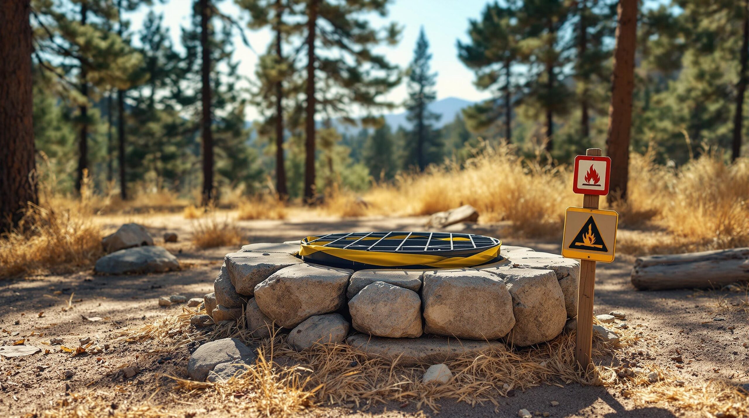 Empty forest campsite with fire ring covered by metal grate and yellow caution tape, no campfire allowed, surrounded by dry pine needles and grasses under bright daylight
