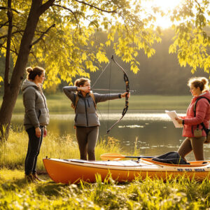 Several women learn outdoor skills by a pond, including archery and kayaking, with an instructor guiding them on a sunny autumn afternoon in a generic natural setting.