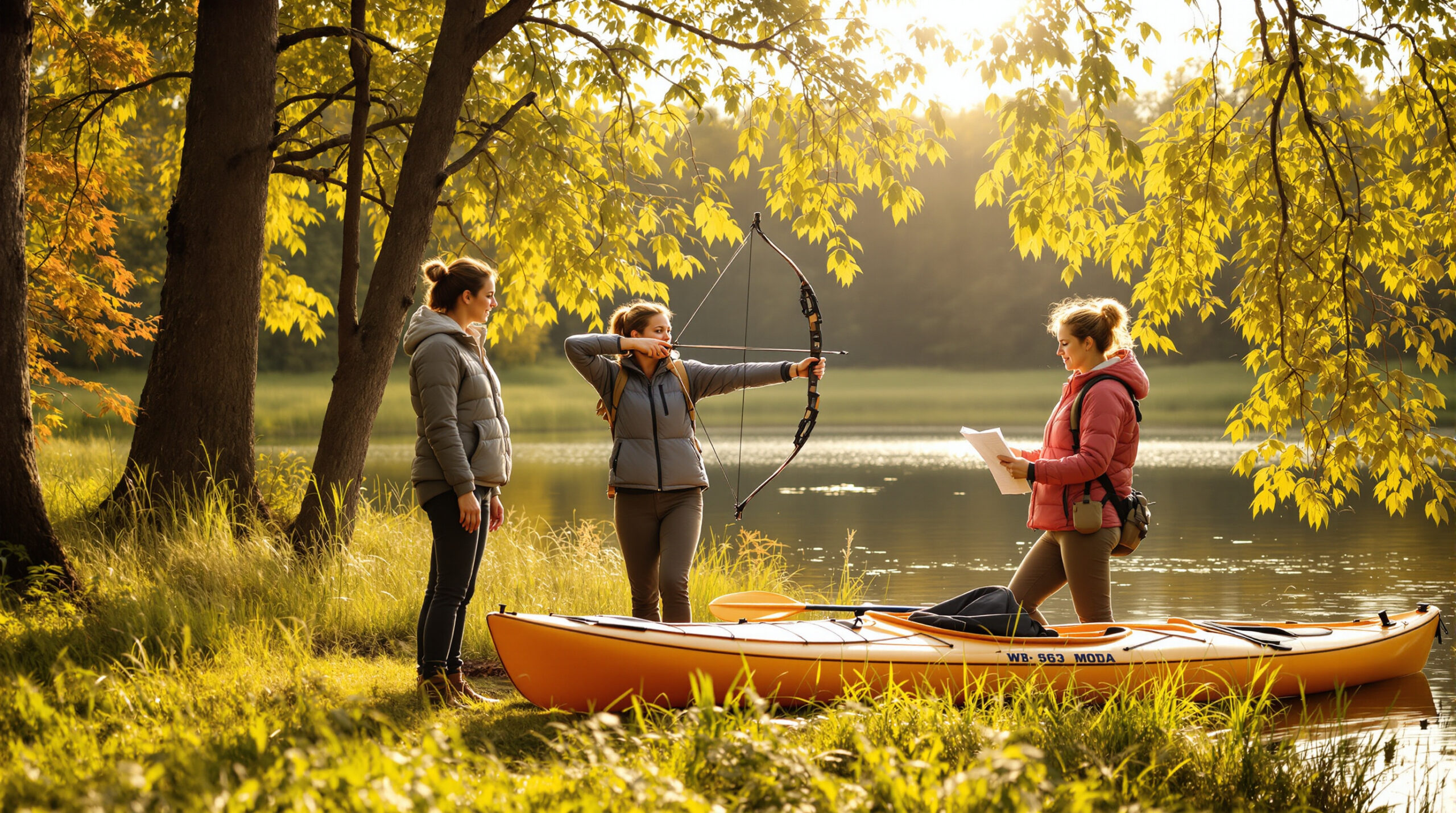 Several women learn outdoor skills by a pond, including archery and kayaking, with an instructor guiding them on a sunny autumn afternoon in a generic natural setting.