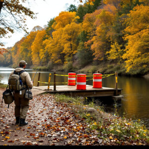 Angler in waders stands by a blocked footbridge beside a forested river with autumn leaves, construction barriers and caution tape in foreground