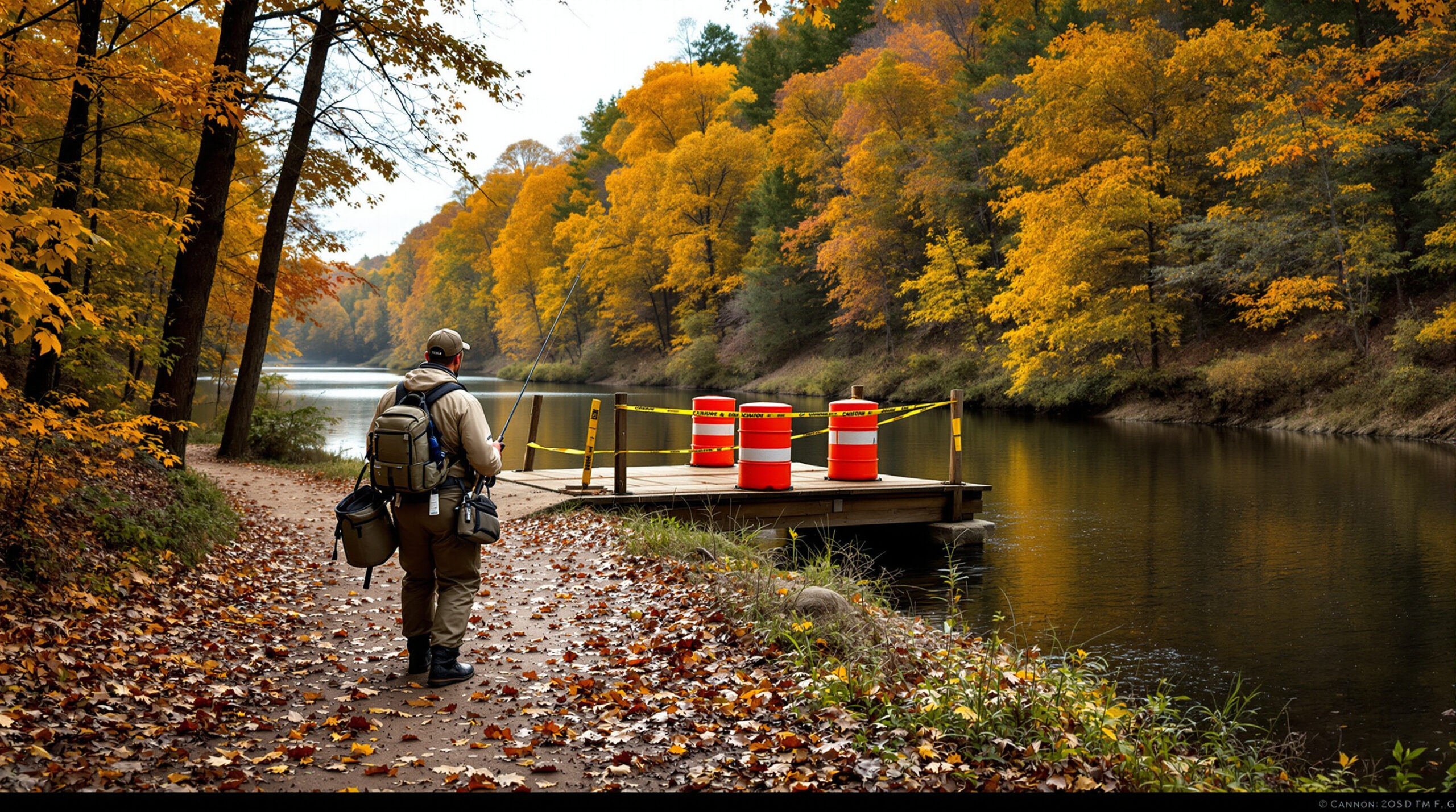 Angler in waders stands by a blocked footbridge beside a forested river with autumn leaves, construction barriers and caution tape in foreground