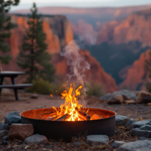 Contained campfire in a metal ring at a managed campground near a canyon rim after rain, light smoke rising, damp ground, picnic table and pine trees nearby, illustrating Stage 1 fire restrictions