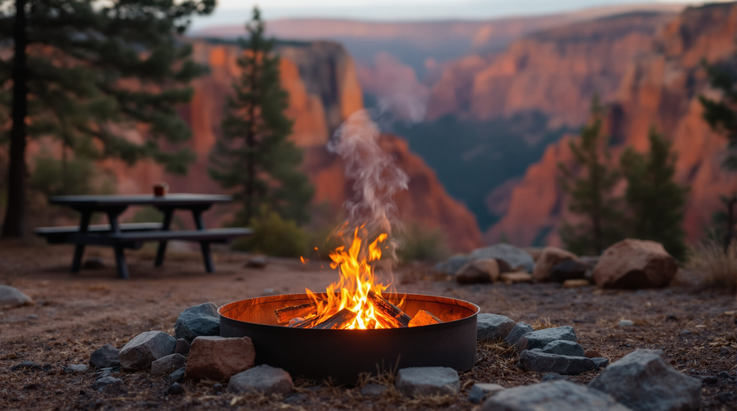 Contained campfire in a metal ring at a managed campground near a canyon rim after rain, light smoke rising, damp ground, picnic table and pine trees nearby, illustrating Stage 1 fire restrictions