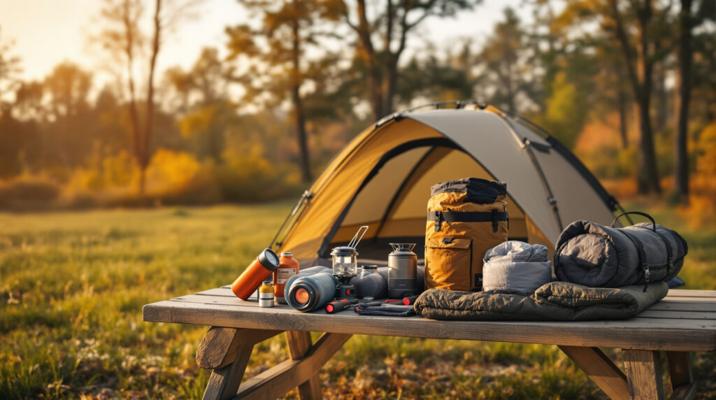 Neatly arranged camping gear on a wooden picnic table—packed dome tent, rolled sleeping bag, hammock sack, camp stove, collapsible chair, LED lantern, and flashlight—in a grassy clearing at golden hour with blurred trees in the background