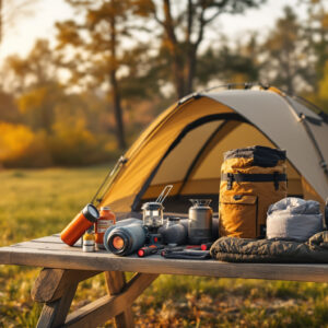 Neatly arranged camping gear on a wooden picnic table—packed dome tent, rolled sleeping bag, hammock sack, camp stove, collapsible chair, LED lantern, and flashlight—in a grassy clearing at golden hour with blurred trees in the background