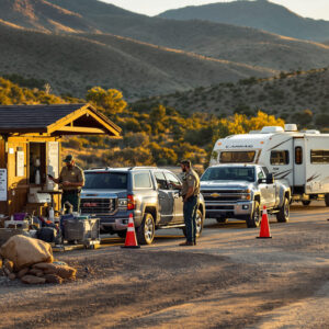 Park ranger at a small campground entrance kiosk at dawn, managing single-lane check-ins for an SUV with an ATV trailer and a pickup with a pop-up camper, with cones, sparse signage, and chaparral hills in the background