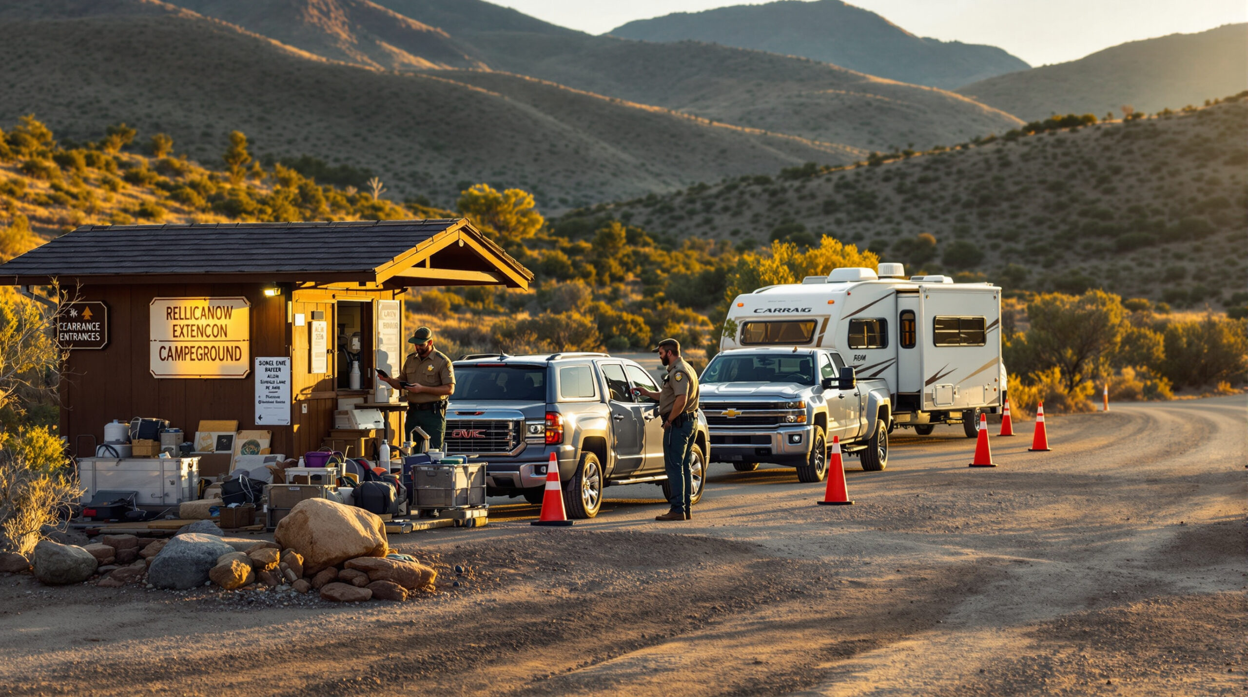 Park ranger at a small campground entrance kiosk at dawn, managing single-lane check-ins for an SUV with an ATV trailer and a pickup with a pop-up camper, with cones, sparse signage, and chaparral hills in the background