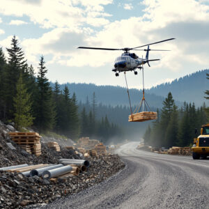 Twin-rotor National Guard helicopter sling-loads a pallet of lumber above a gravel backcountry road repair site, with stacked culverts and a small yellow grader below, evergreen hills and a cloud-dappled sky in the background