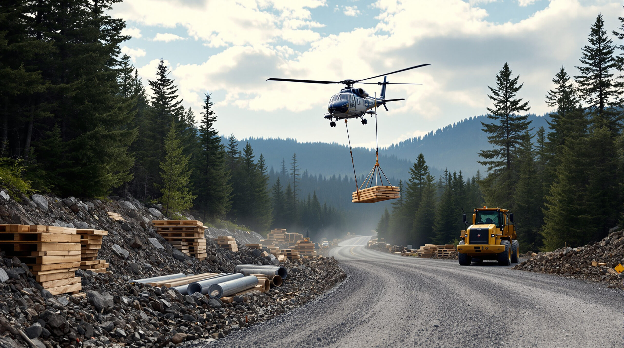 Twin-rotor National Guard helicopter sling-loads a pallet of lumber above a gravel backcountry road repair site, with stacked culverts and a small yellow grader below, evergreen hills and a cloud-dappled sky in the background