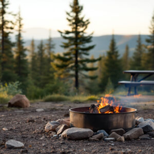 Small, contained campfire in a metal ring at a developed campground with an empty picnic table and red fire extinguisher, soft-focus evergreens and hills at golden hour, illustrating stage 1 fire restrictions
