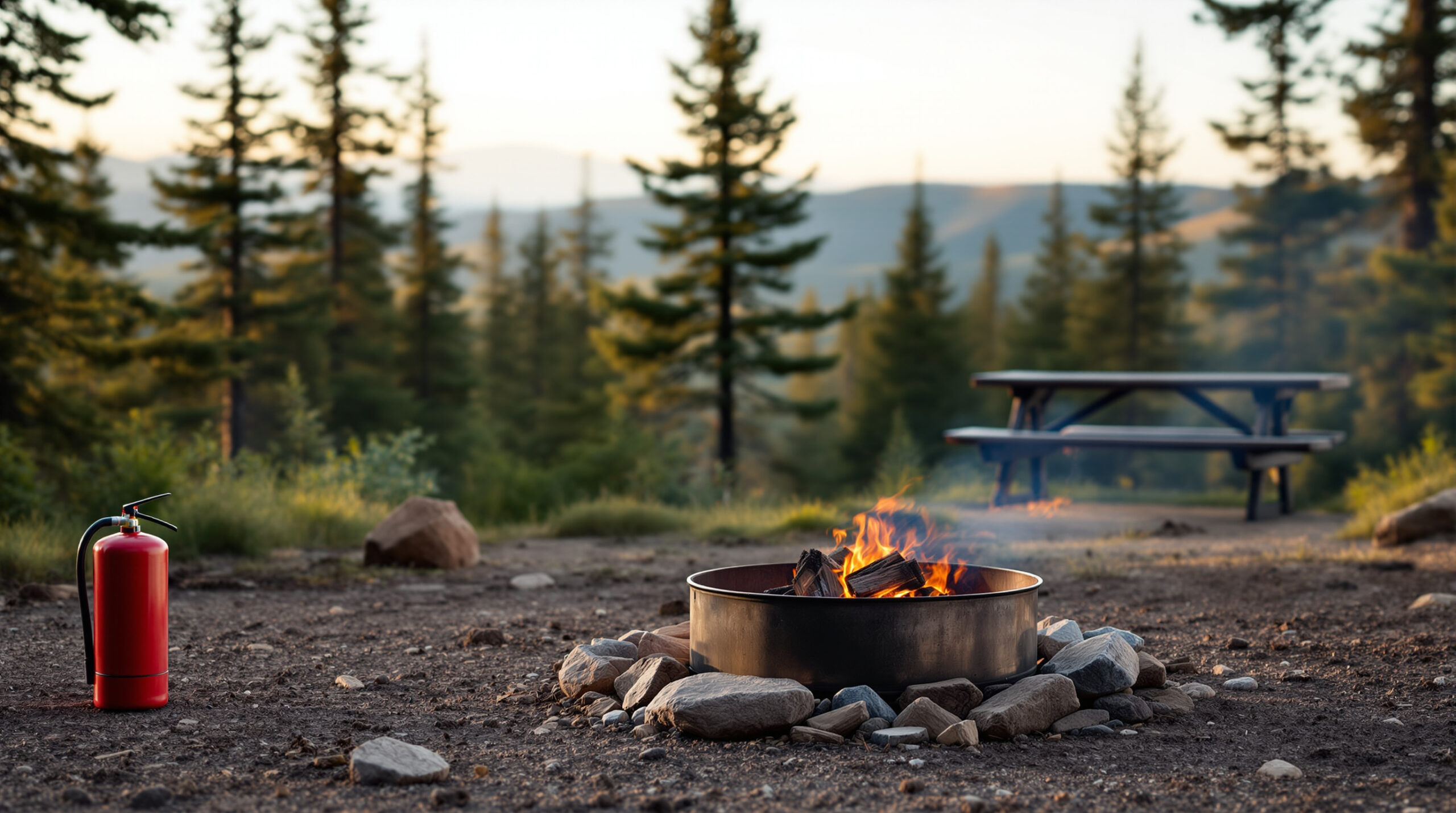 Small, contained campfire in a metal ring at a developed campground with an empty picnic table and red fire extinguisher, soft-focus evergreens and hills at golden hour, illustrating stage 1 fire restrictions