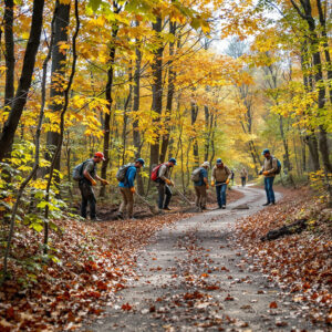 State park volunteers wearing gloves clear litter and prune brush along a dirt forest trail in early autumn light, illustrating trail and habitat restoration