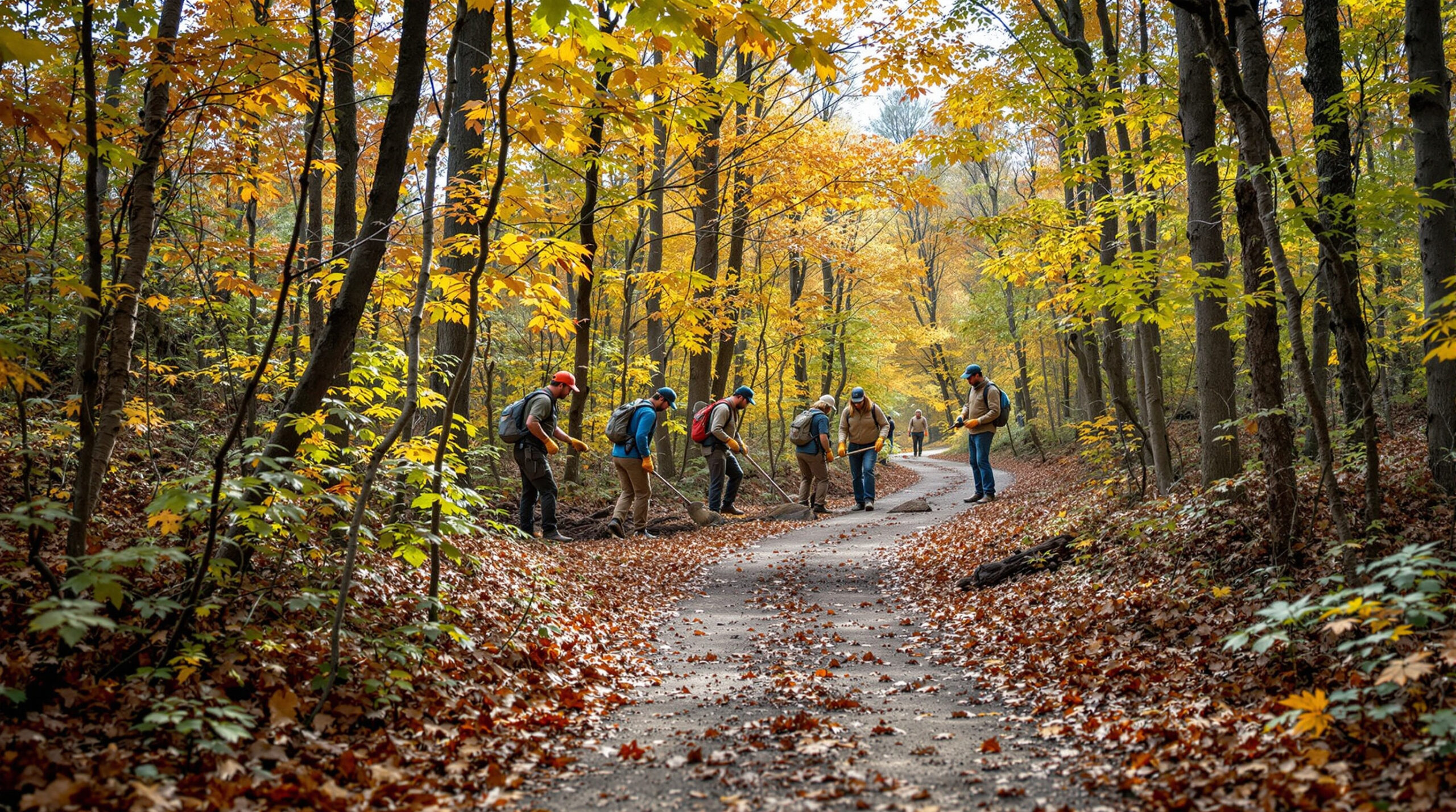 State park volunteers wearing gloves clear litter and prune brush along a dirt forest trail in early autumn light, illustrating trail and habitat restoration