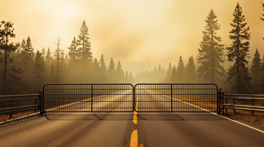 Locked metal gate and orange barricade block a forest road with wildfire smoke drifting above pine trees under a hazy sky