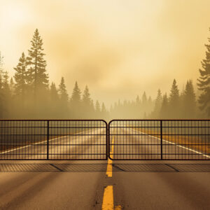 Locked metal gate and orange barricade block a forest road with wildfire smoke drifting above pine trees under a hazy sky