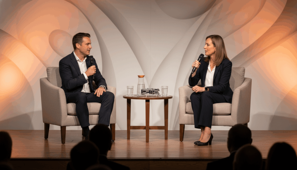 Two business professionals speak during a fireside chat on a low stage, seated in neutral armchairs with handheld microphones, a round table between them holding a glass water pitcher, two glasses, and a small metal RV model; blurred audience silhouettes in the foreground, warm stage lighting, and a clean abstract backdrop with no logos.