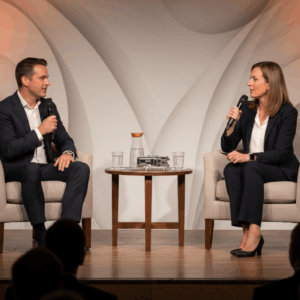 Two business professionals speak during a fireside chat on a low stage, seated in neutral armchairs with handheld microphones, a round table between them holding a glass water pitcher, two glasses, and a small metal RV model; blurred audience silhouettes in the foreground, warm stage lighting, and a clean abstract backdrop with no logos.