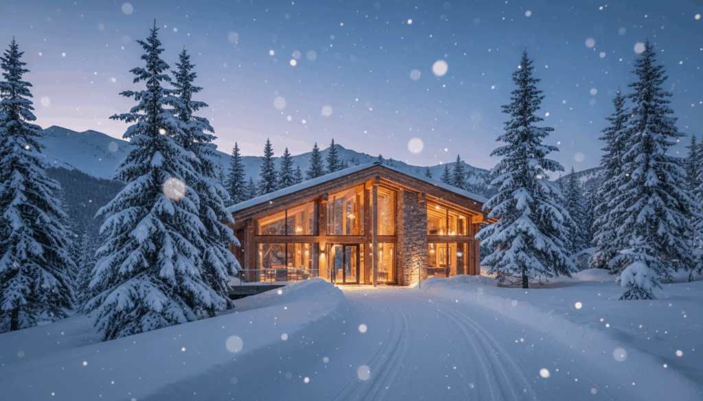 Contemporary alpine lodge with timber and stone facade at dusk, floor-to-ceiling windows glowing, snow-dusted evergreens, curved snowy path with faint ski tracks, distant mountain ridge under a twilight sky with light snowfall