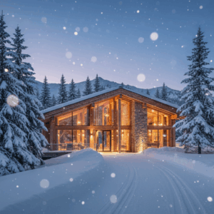 Contemporary alpine lodge with timber and stone facade at dusk, floor-to-ceiling windows glowing, snow-dusted evergreens, curved snowy path with faint ski tracks, distant mountain ridge under a twilight sky with light snowfall