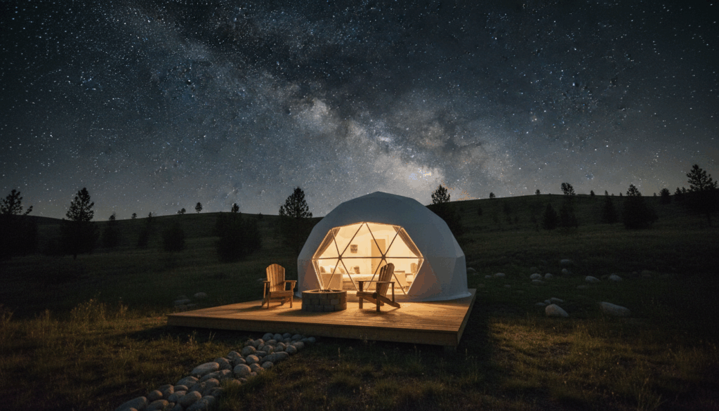 Nighttime view of a white geodesic glamping dome with a glowing panoramic window on a wooden deck, two chairs, and an unlit fire pit beneath a clear starry sky with a faint Milky Way and distant pine silhouettes