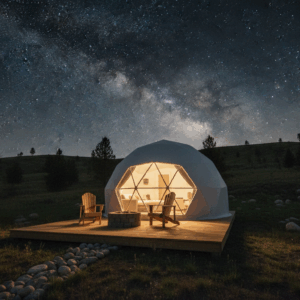 Nighttime view of a white geodesic glamping dome with a glowing panoramic window on a wooden deck, two chairs, and an unlit fire pit beneath a clear starry sky with a faint Milky Way and distant pine silhouettes