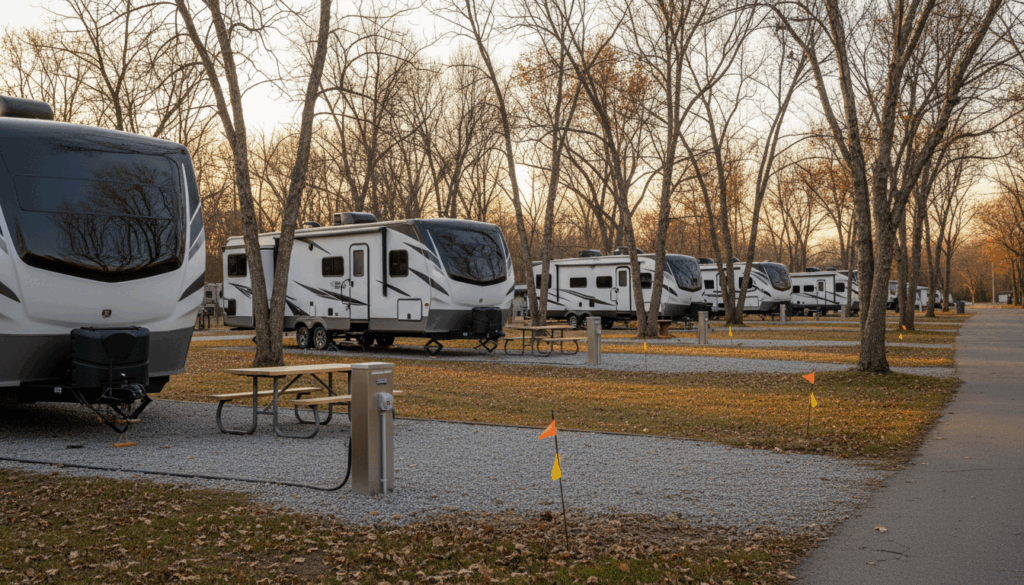 Late-autumn RV campground with white travel trailers on gravel pads, utility pedestals and picnic tables, soft golden-hour light, and small survey flags by a newly graded site suggesting planned expansion