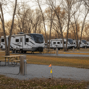Late-autumn RV campground with white travel trailers on gravel pads, utility pedestals and picnic tables, soft golden-hour light, and small survey flags by a newly graded site suggesting planned expansion