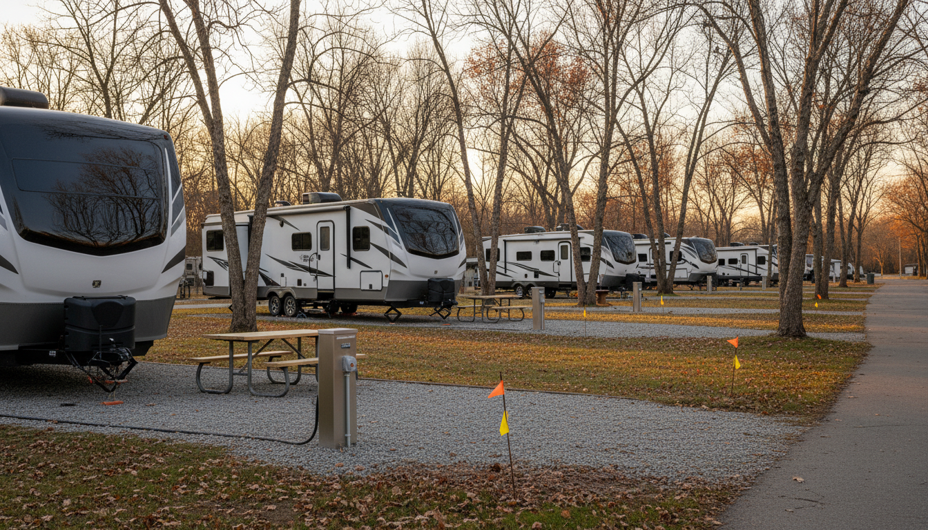 Late-autumn RV campground with white travel trailers on gravel pads, utility pedestals and picnic tables, soft golden-hour light, and small survey flags by a newly graded site suggesting planned expansion