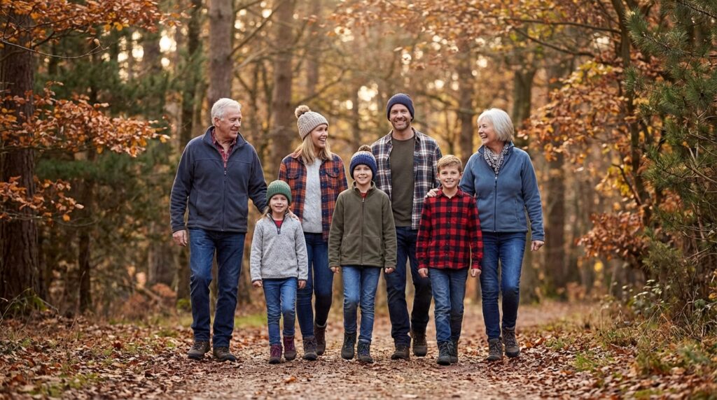 Multi-generational family walking together along a forest path covered in fallen autumn leaves wearing warm flannel shirts and jackets