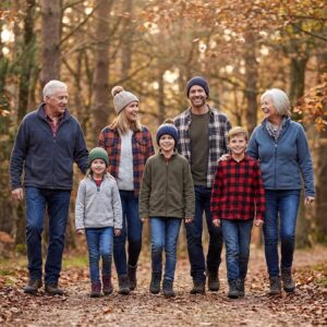 Multi-generational family walking together along a forest path covered in fallen autumn leaves wearing warm flannel shirts and jackets