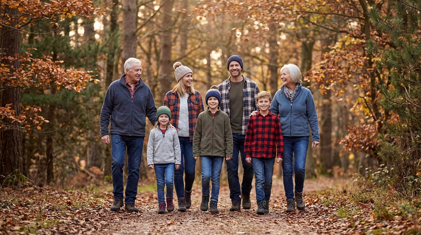 Multi-generational family walking together along a forest path covered in fallen autumn leaves wearing warm flannel shirts and jackets