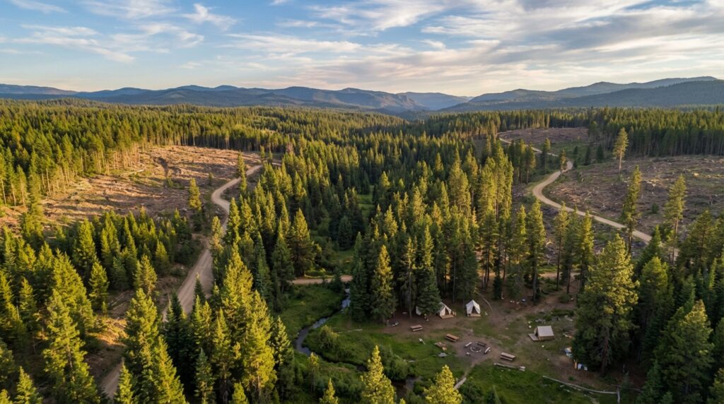 Aerial view of a secluded campsite featuring white canvas tents and picnic tables nestled near a winding creek in a dense pine forest, with dirt roads cutting through timber clearings and a mountain range in the background.