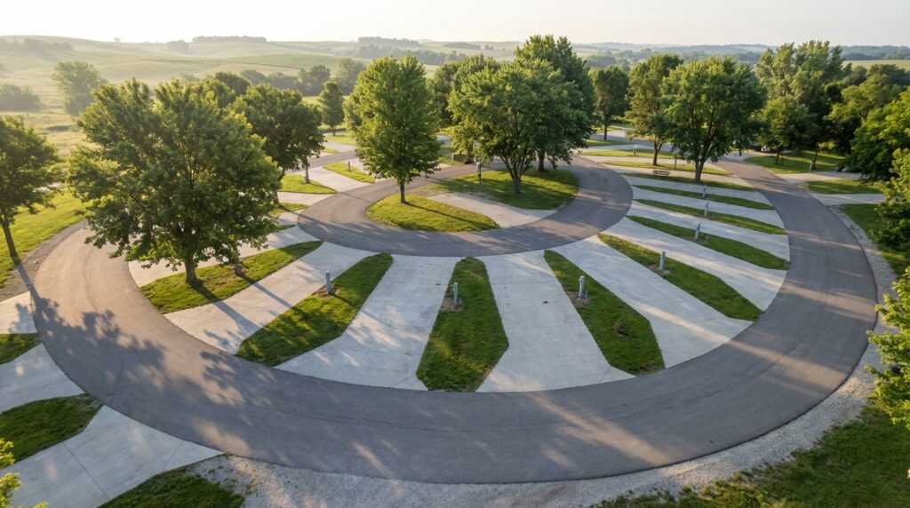 Aerial view of a circular RV campground loop featuring angled concrete parking pads and electric hookups surrounded by mature green trees and rolling hills in the soft morning light.
