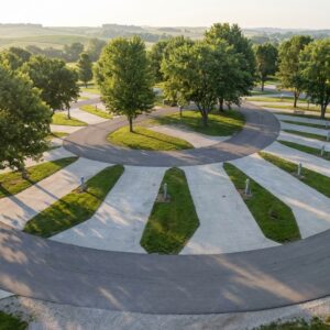 Aerial view of a circular RV campground loop featuring angled concrete parking pads and electric hookups surrounded by mature green trees and rolling hills in the soft morning light.