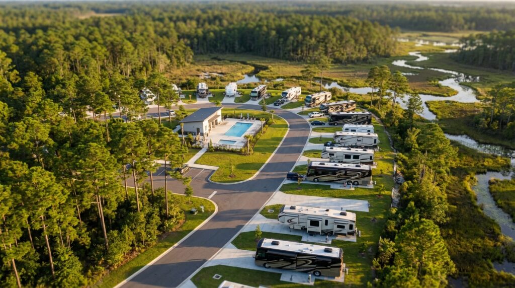 Aerial view of a luxury RV resort featuring paved roads, concrete pads with parked motorhomes and campers, and a central clubhouse with a swimming pool, all surrounded by dense pine forest and a winding marshy river.
