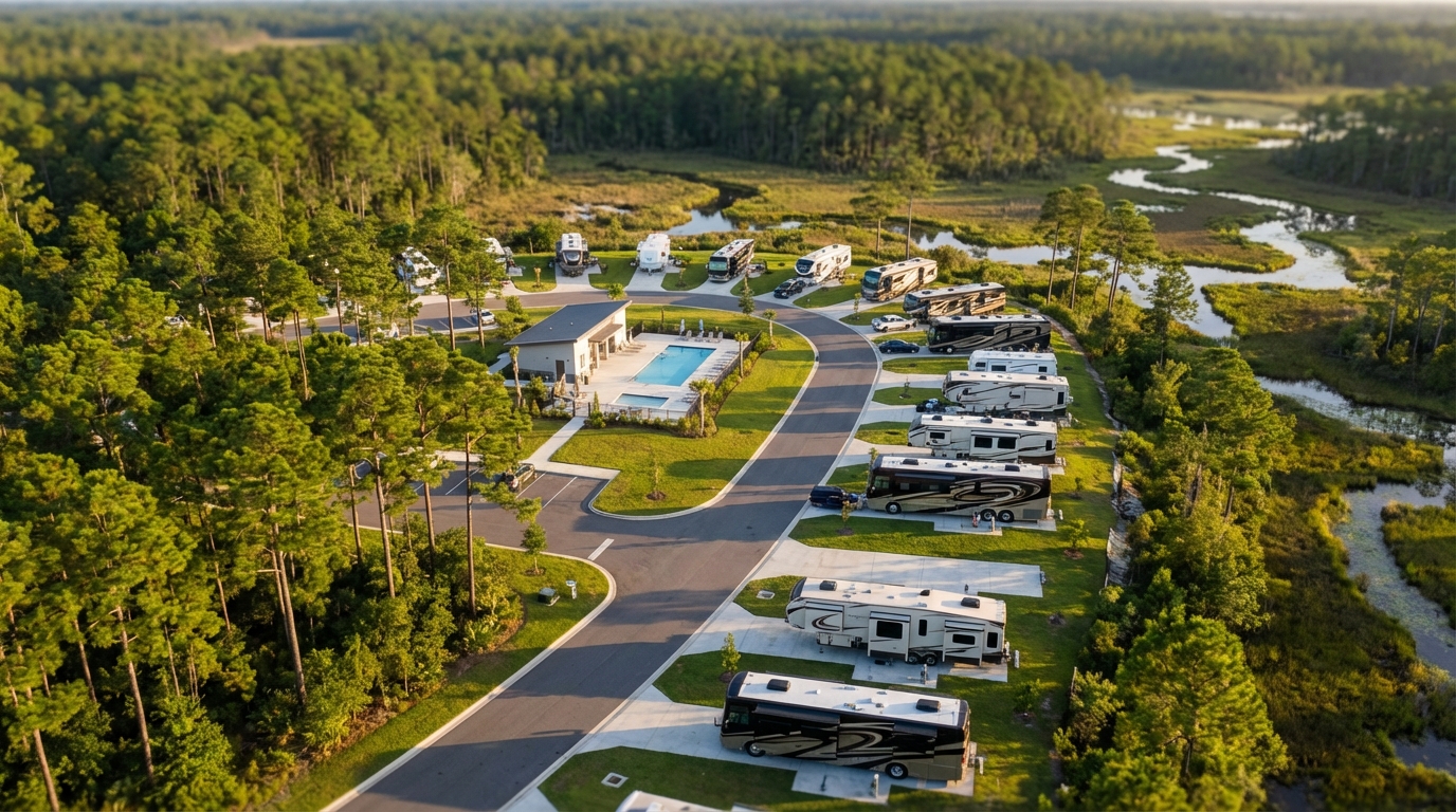 Aerial view of a luxury RV resort featuring paved roads, concrete pads with parked motorhomes and campers, and a central clubhouse with a swimming pool, all surrounded by dense pine forest and a winding marshy river.
