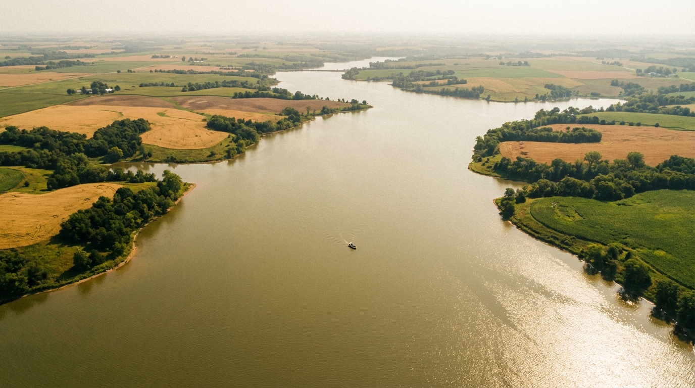 Aerial view of a wide river winding through patchwork green and golden agricultural fields with a small boat navigating the calm, sunlit water in a hazy rural landscape.