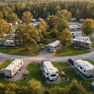 Aerial view of a busy RV campground nestled within a forest, showing numerous motorhomes, travel trailers, and tents stationed at grassy campsites along winding gravel roads.