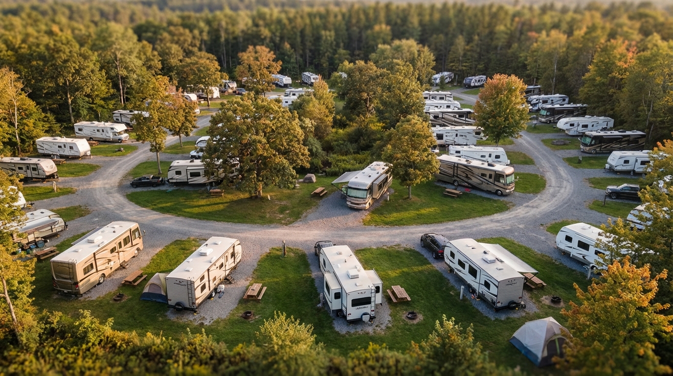 Aerial view of a busy RV campground nestled within a forest, showing numerous motorhomes, travel trailers, and tents stationed at grassy campsites along winding gravel roads.