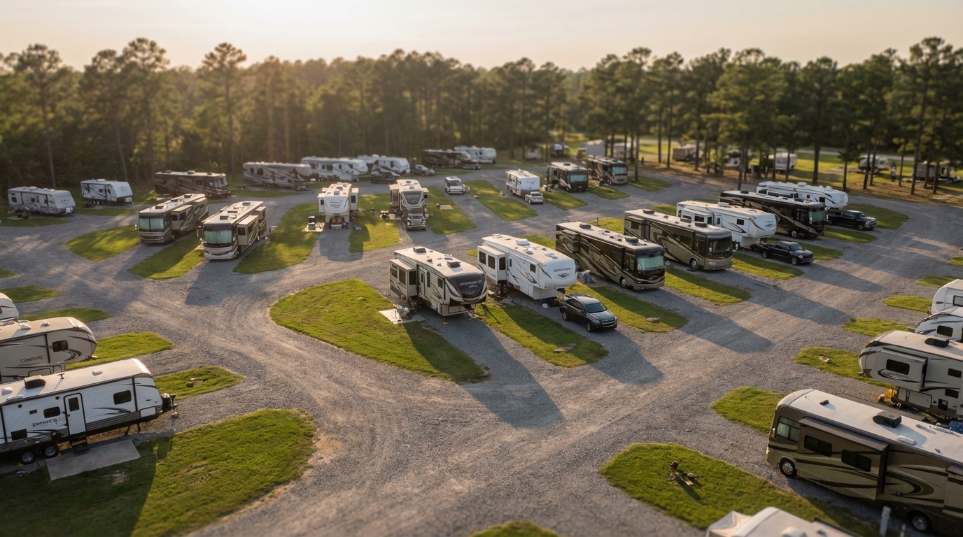 Aerial view of a packed RV park and campground during the golden hour, featuring rows of luxury motorhomes, fifth wheels, and travel trailers parked on gravel pads separated by manicured grass lawns with a dense pine forest backdrop.