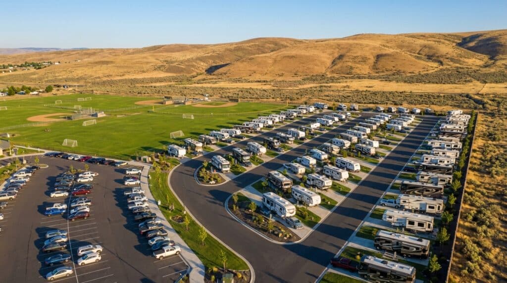 Aerial view of a large, modern RV park filled with motorhomes and travel trailers arranged in paved rows adjacent to a green sports complex with baseball and soccer fields, set against a backdrop of dry, rolling golden hills.
