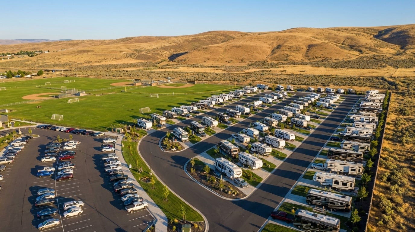 Aerial view of a large, modern RV park filled with motorhomes and travel trailers arranged in paved rows adjacent to a green sports complex with baseball and soccer fields, set against a backdrop of dry, rolling golden hills.