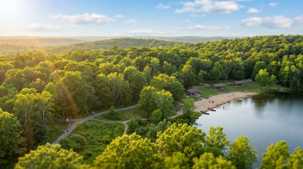 Aerial view of a lush green park landscape featuring a sandy beach on a lake, picnic pavilions, and paved walking trails winding through dense forest under golden sunlight