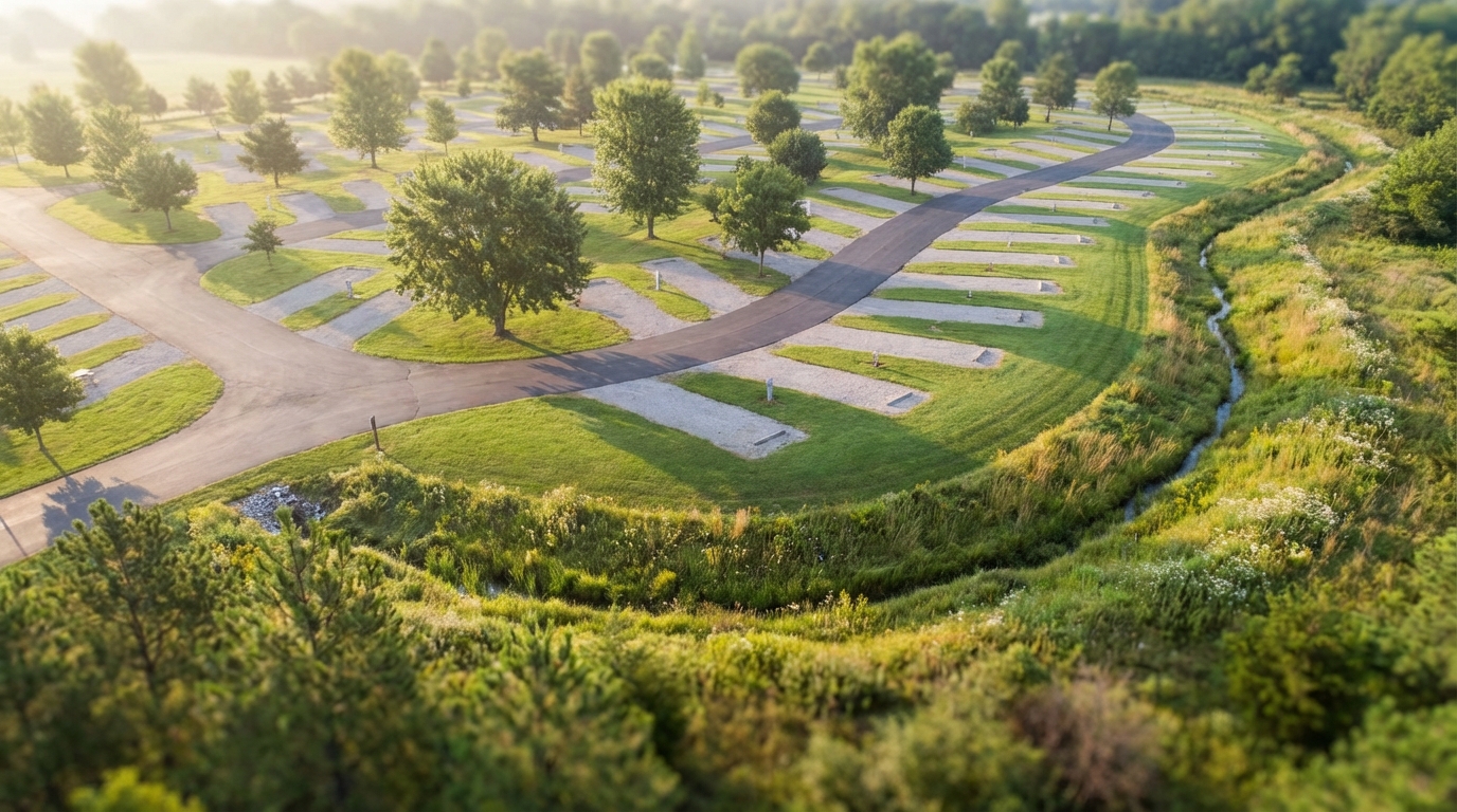 Aerial view of a quiet, empty campground featuring paved loop roads and gravel RV pads scattered among green grass and mature trees, bordered by a small creek and wild vegetation under soft sunlight.