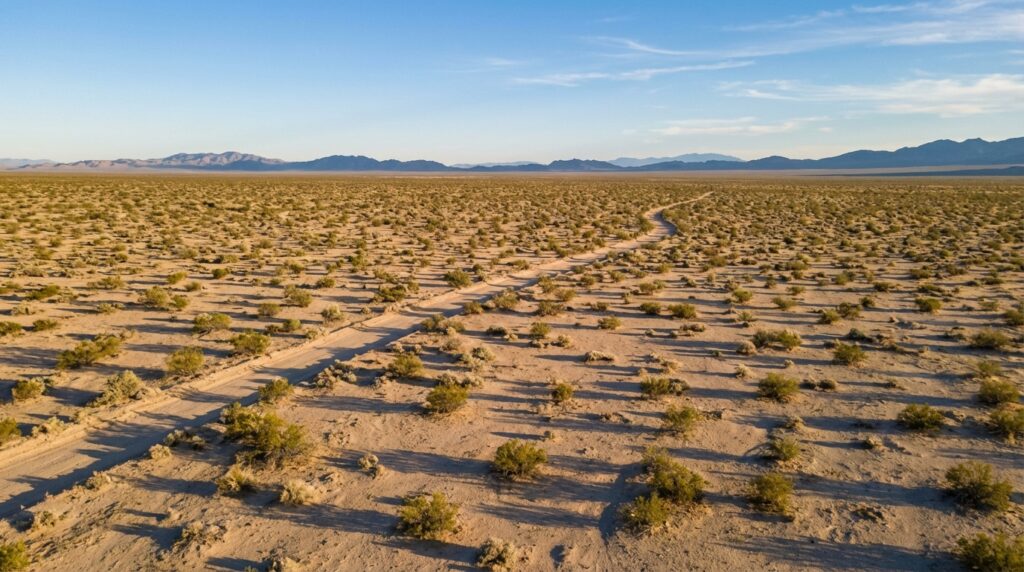 A winding dirt road cuts through a vast, arid desert landscape dotted with sparse green scrub brush, leading toward a rugged mountain range on the horizon under a clear blue sky.