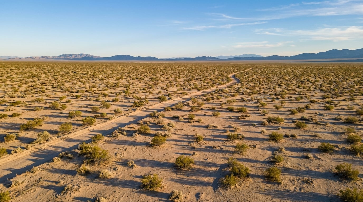 A winding dirt road cuts through a vast, arid desert landscape dotted with sparse green scrub brush, leading toward a rugged mountain range on the horizon under a clear blue sky.