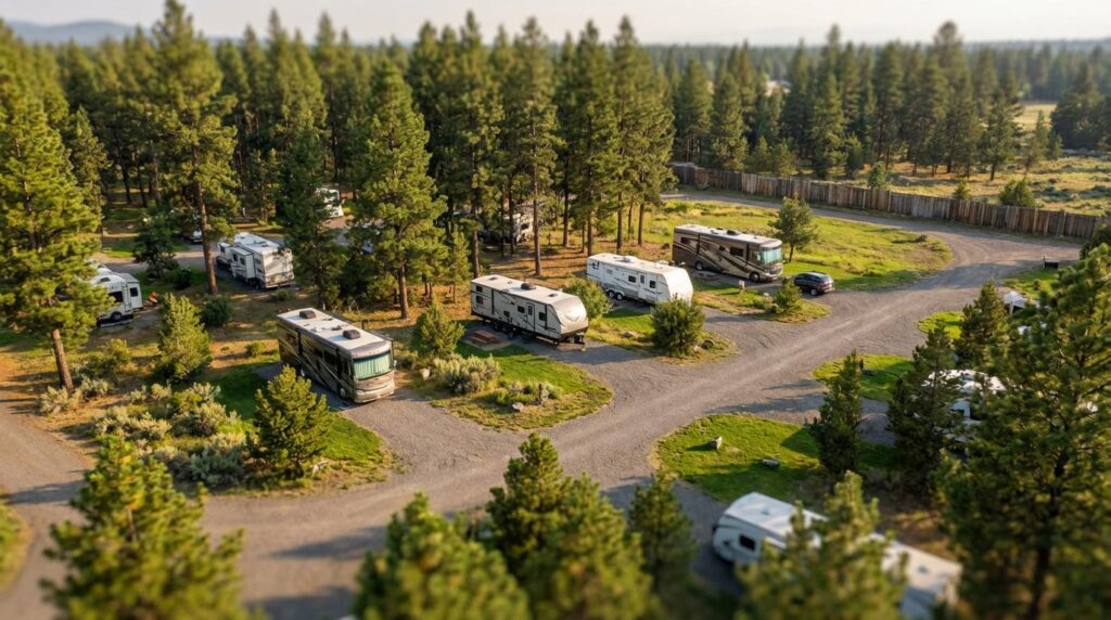 Aerial view of a spacious RV park surrounded by a dense pine forest, featuring various motorhomes and travel trailers parked on gravel sites with grassy areas between them.