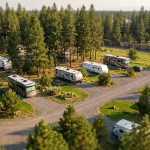 Aerial view of a spacious RV park surrounded by a dense pine forest, featuring various motorhomes and travel trailers parked on gravel sites with grassy areas between them.