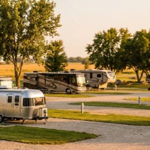 A shiny silver Airstream travel trailer parked on a gravel site in the foreground of a peaceful RV campground, with several large motorhomes and fifth-wheel campers parked under trees in the background during the golden hour.